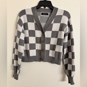 Gray and White Checkered Cardigan